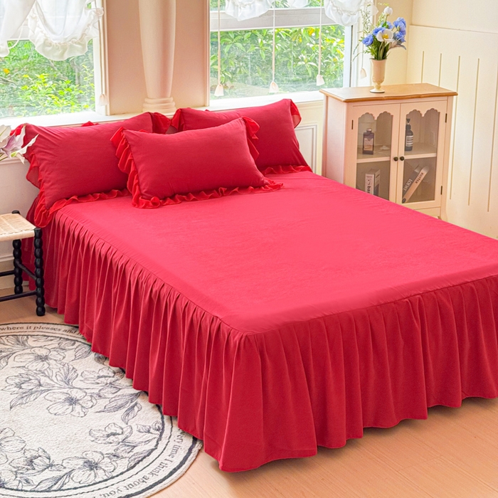 91家纺网 家纺一手货源 找家纺 睡美人 2026新款锦棉糯糯棉韩版蕾丝公主款双层纱被套床裙四件套-翩翩起舞 翩翩起舞-胭脂红