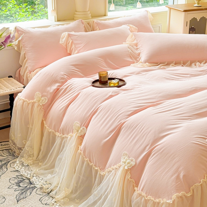 91家纺网 家纺一手货源 找家纺 睡美人 2026新款锦棉糯糯棉韩版蕾丝公主款双层纱被套床裙四件套-翩翩起舞 翩翩起舞-蜜桃粉