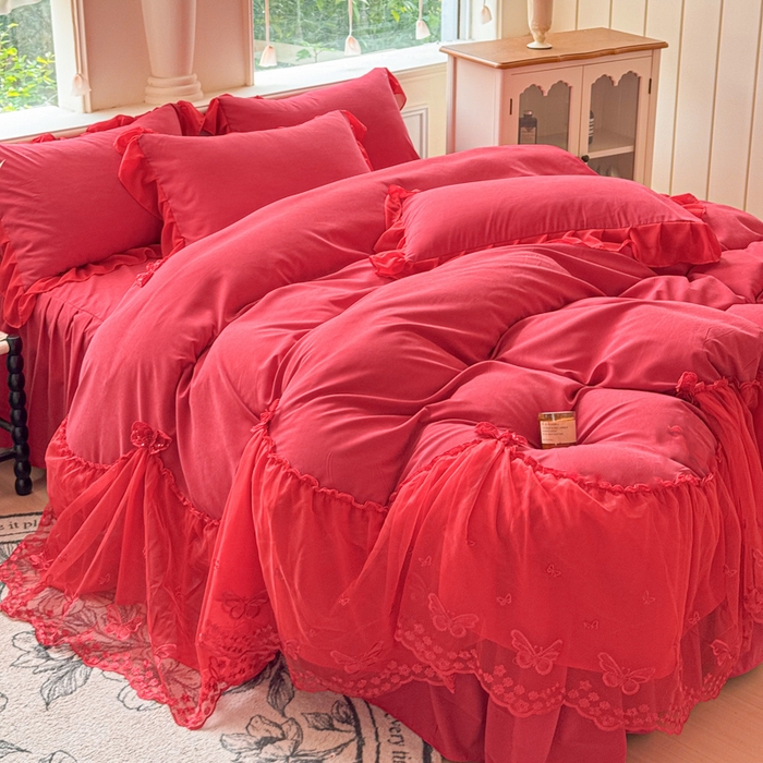 91家纺网 家纺一手货源 找家纺 睡美人 2026新款锦棉糯糯棉韩版蕾丝公主款双层纱被套床裙四件套-翩翩起舞 翩翩起舞-胭脂红