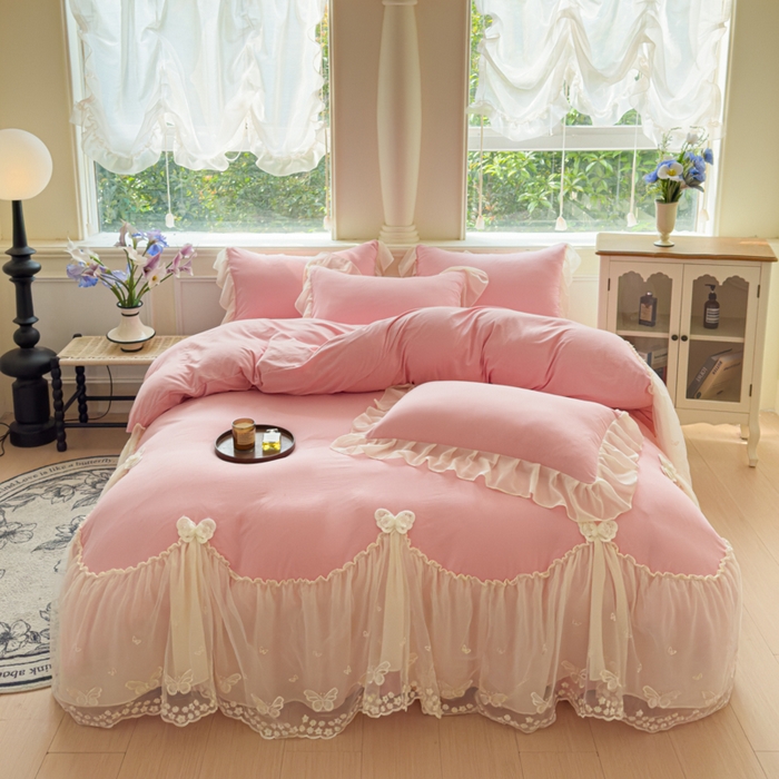 91家纺网 家纺一手货源 找家纺 睡美人 2026新款锦棉糯糯棉韩版蕾丝公主款双层纱被套床裙四件套-翩翩起舞 翩翩起舞-锦豆沙