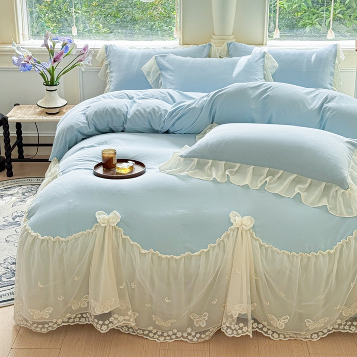 91家纺网 家纺一手货源 找家纺 睡美人 2026新款锦棉糯糯棉韩版蕾丝公主款双层纱被套床裙四件套-翩翩起舞 翩翩起舞-青春兰