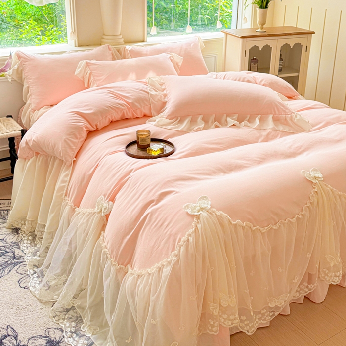 91家纺网 家纺一手货源 找家纺 睡美人 2026新款锦棉糯糯棉韩版蕾丝公主款双层纱被套床裙四件套-翩翩起舞 翩翩起舞-蜜桃粉