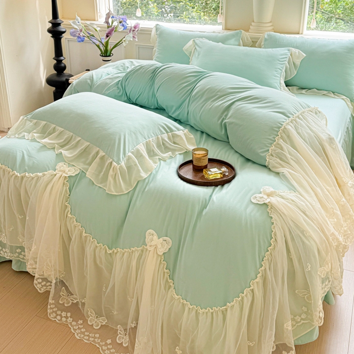 91家纺网 家纺一手货源 找家纺 睡美人 2026新款锦棉糯糯棉韩版蕾丝公主款双层纱被套床裙四件套-翩翩起舞 翩翩起舞-嫩芽绿