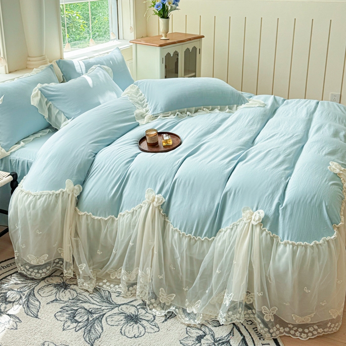 91家纺网 家纺一手货源 找家纺 睡美人 2026新款锦棉糯糯棉韩版蕾丝公主款双层纱被套床裙四件套-翩翩起舞 翩翩起舞-青春兰