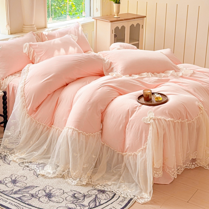 91家纺网 家纺一手货源 找家纺 睡美人 2026新款锦棉糯糯棉韩版蕾丝公主款双层纱被套床裙四件套-翩翩起舞 翩翩起舞-蜜桃粉