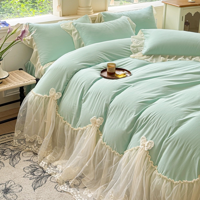 91家纺网 家纺一手货源 找家纺 睡美人 2026新款锦棉糯糯棉韩版蕾丝公主款双层纱被套床裙四件套-翩翩起舞 翩翩起舞-嫩芽绿