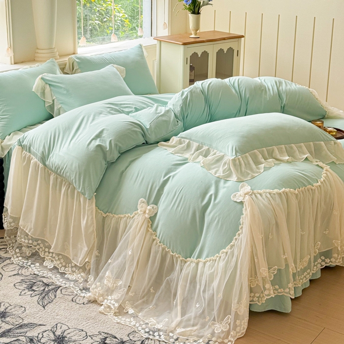 91家纺网 家纺一手货源 找家纺 睡美人 2026新款锦棉糯糯棉韩版蕾丝公主款双层纱被套床裙四件套-翩翩起舞 翩翩起舞-嫩芽绿