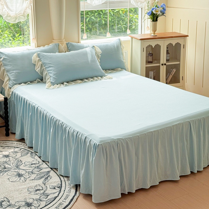 91家纺网 家纺一手货源 找家纺 睡美人 2026新款锦棉糯糯棉韩版蕾丝公主款双层纱被套床裙四件套-翩翩起舞 翩翩起舞-青春兰