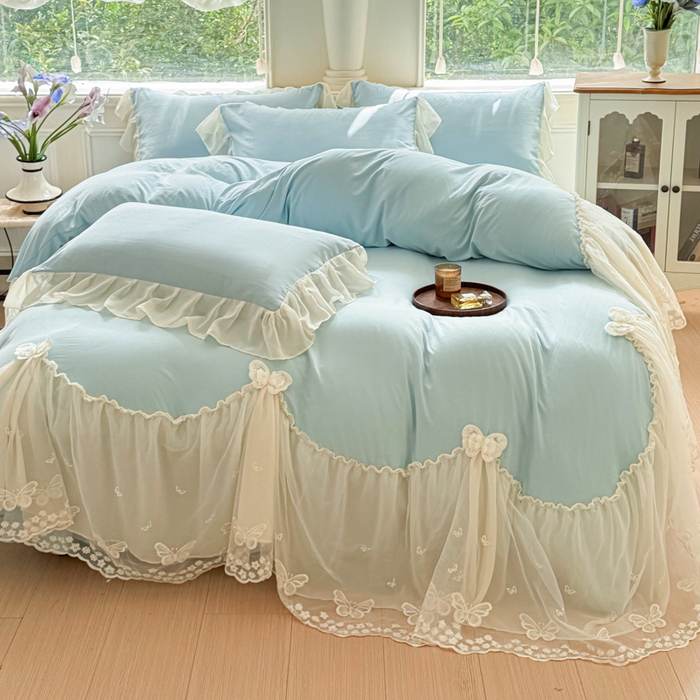 91家纺网 家纺一手货源 找家纺 睡美人 2026新款锦棉糯糯棉韩版蕾丝公主款双层纱被套床裙四件套-翩翩起舞 翩翩起舞-青春兰