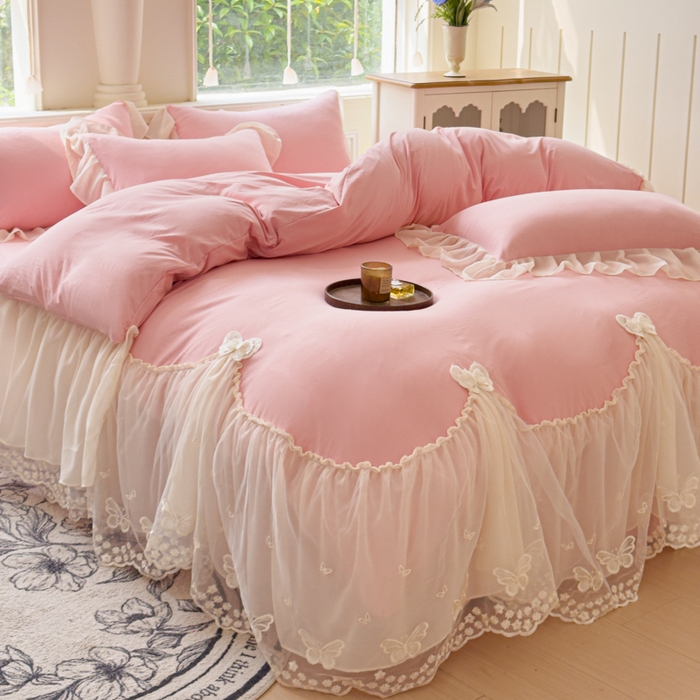 91家纺网 家纺一手货源 找家纺 睡美人 2026新款锦棉糯糯棉韩版蕾丝公主款双层纱被套床裙四件套-翩翩起舞 翩翩起舞-锦豆沙