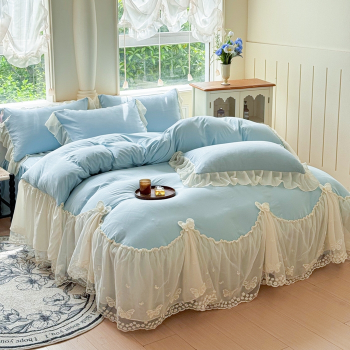 91家纺网 家纺一手货源 找家纺 睡美人 2026新款锦棉糯糯棉韩版蕾丝公主款双层纱被套床裙四件套-翩翩起舞 翩翩起舞-青春兰