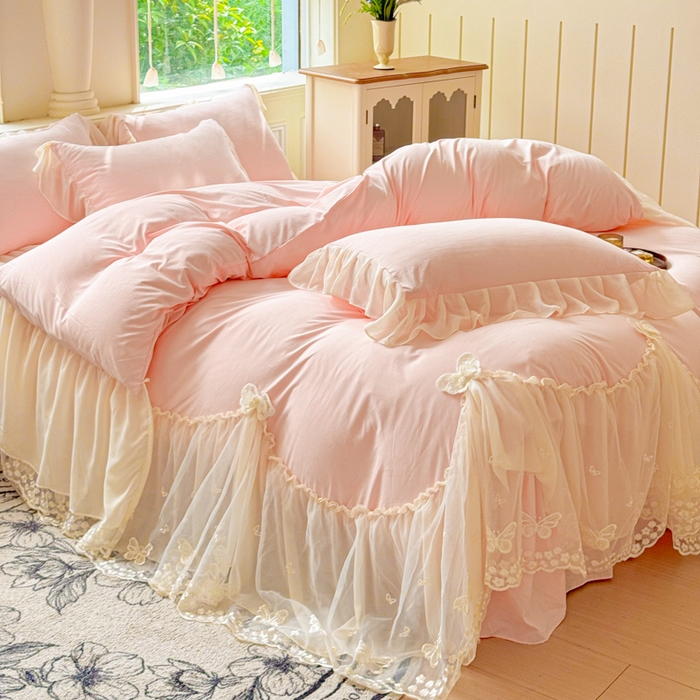 91家纺网 家纺一手货源 找家纺 睡美人 2026新款锦棉糯糯棉韩版蕾丝公主款双层纱被套床裙四件套-翩翩起舞 翩翩起舞-蜜桃粉
