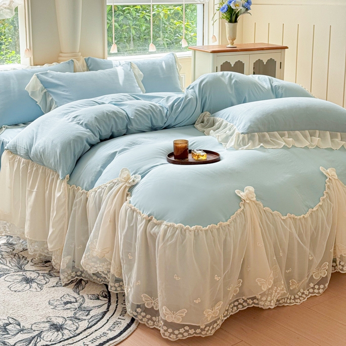 91家纺网 家纺一手货源 找家纺 睡美人 2026新款锦棉糯糯棉韩版蕾丝公主款双层纱被套床裙四件套-翩翩起舞 翩翩起舞-青春兰