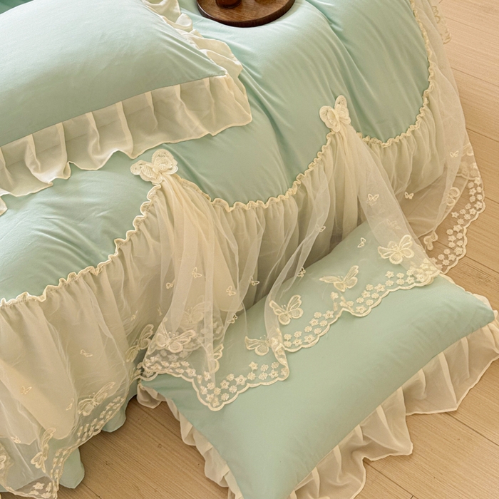 91家纺网 家纺一手货源 找家纺 睡美人 2026新款锦棉糯糯棉韩版蕾丝公主款双层纱被套床裙四件套-翩翩起舞 翩翩起舞-嫩芽绿