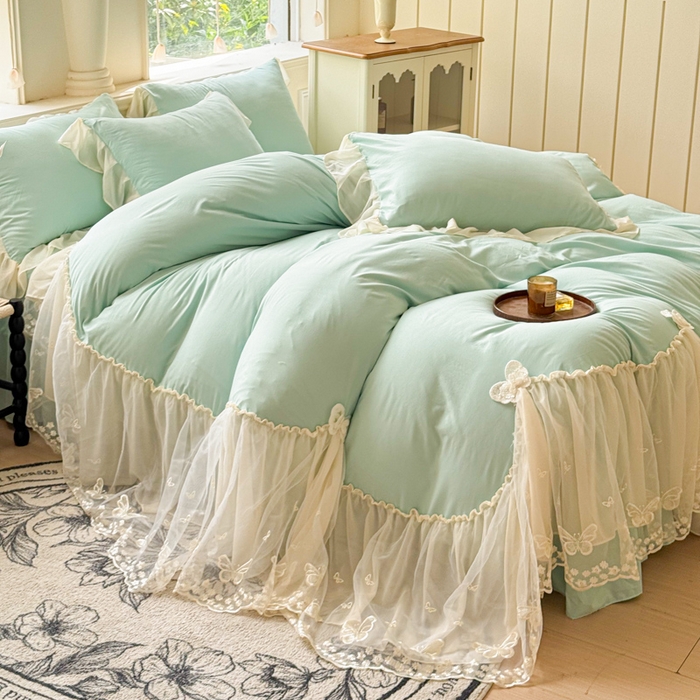 91家纺网 家纺一手货源 找家纺 睡美人 2026新款锦棉糯糯棉韩版蕾丝公主款双层纱被套床裙四件套-翩翩起舞 翩翩起舞-嫩芽绿