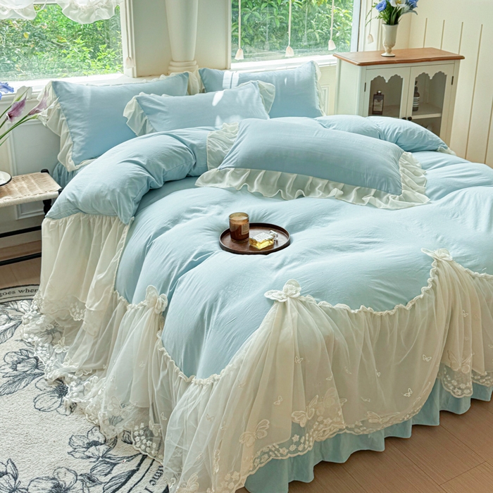 91家纺网 家纺一手货源 找家纺 睡美人 2026新款锦棉糯糯棉韩版蕾丝公主款双层纱被套床裙四件套-翩翩起舞 翩翩起舞-青春兰