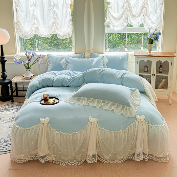 91家纺网 家纺一手货源 找家纺 睡美人 2026新款锦棉糯糯棉韩版蕾丝公主款双层纱被套床裙四件套-翩翩起舞 翩翩起舞-青春兰