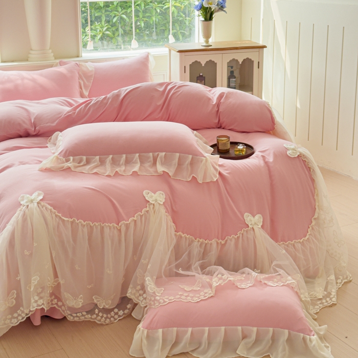 91家纺网 家纺一手货源 找家纺 睡美人 2026新款锦棉糯糯棉韩版蕾丝公主款双层纱被套床裙四件套-翩翩起舞 翩翩起舞-锦豆沙