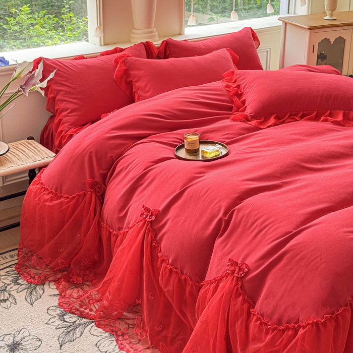 91家纺网 家纺一手货源 找家纺 睡美人 2026新款锦棉糯糯棉韩版蕾丝公主款双层纱被套床裙四件套-翩翩起舞 翩翩起舞-胭脂红