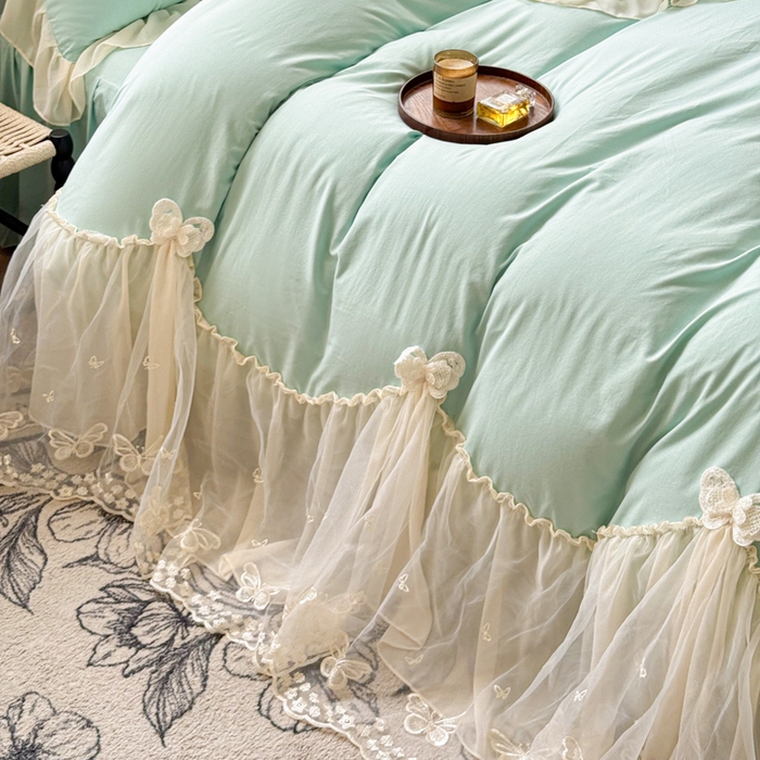 91家纺网 家纺一手货源 找家纺 睡美人 2026新款锦棉糯糯棉韩版蕾丝公主款双层纱被套床裙四件套-翩翩起舞 翩翩起舞-嫩芽绿
