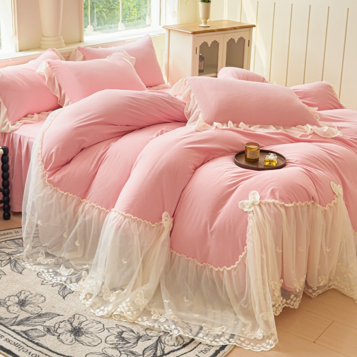 91家纺网 家纺一手货源 找家纺 睡美人 2026新款锦棉糯糯棉韩版蕾丝公主款双层纱被套床裙四件套-翩翩起舞 翩翩起舞-锦豆沙