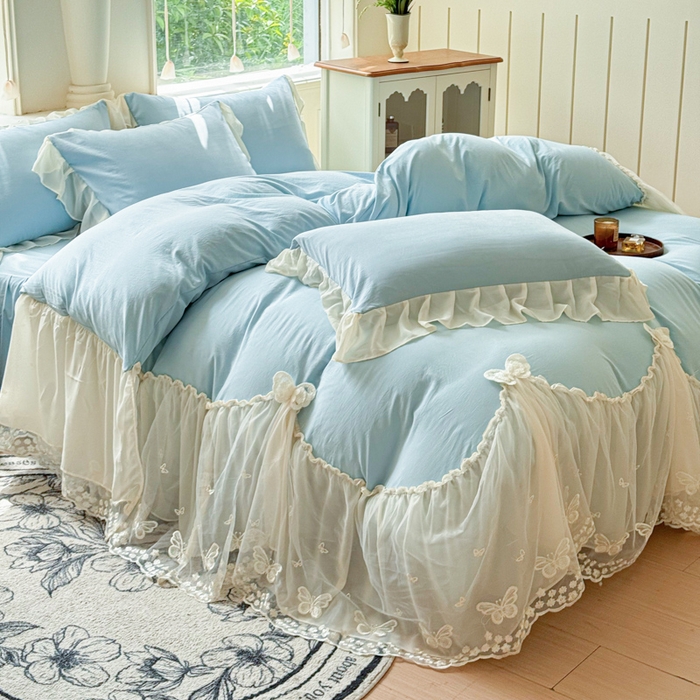 91家纺网 家纺一手货源 找家纺 睡美人 2026新款锦棉糯糯棉韩版蕾丝公主款双层纱被套床裙四件套-翩翩起舞 翩翩起舞-青春兰