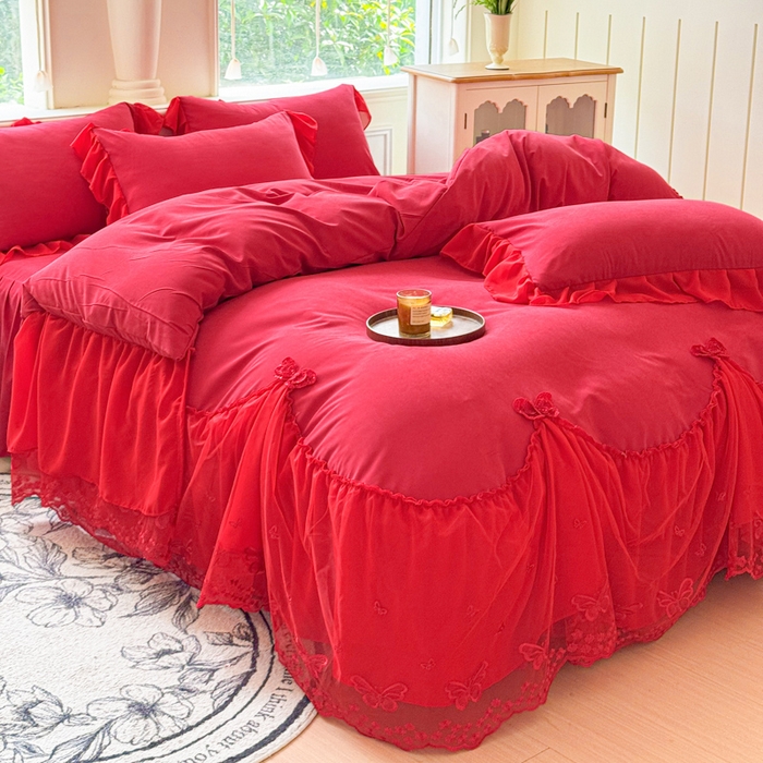 91家纺网 家纺一手货源 找家纺 睡美人 2026新款锦棉糯糯棉韩版蕾丝公主款双层纱被套床裙四件套-翩翩起舞 翩翩起舞-胭脂红