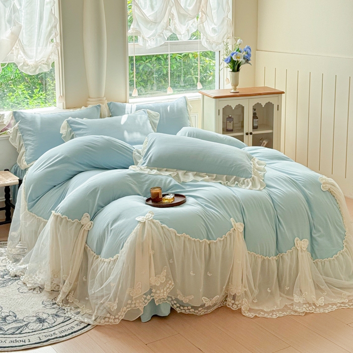 91家纺网 家纺一手货源 找家纺 睡美人 2026新款锦棉糯糯棉韩版蕾丝公主款双层纱被套床裙四件套-翩翩起舞 翩翩起舞-青春兰