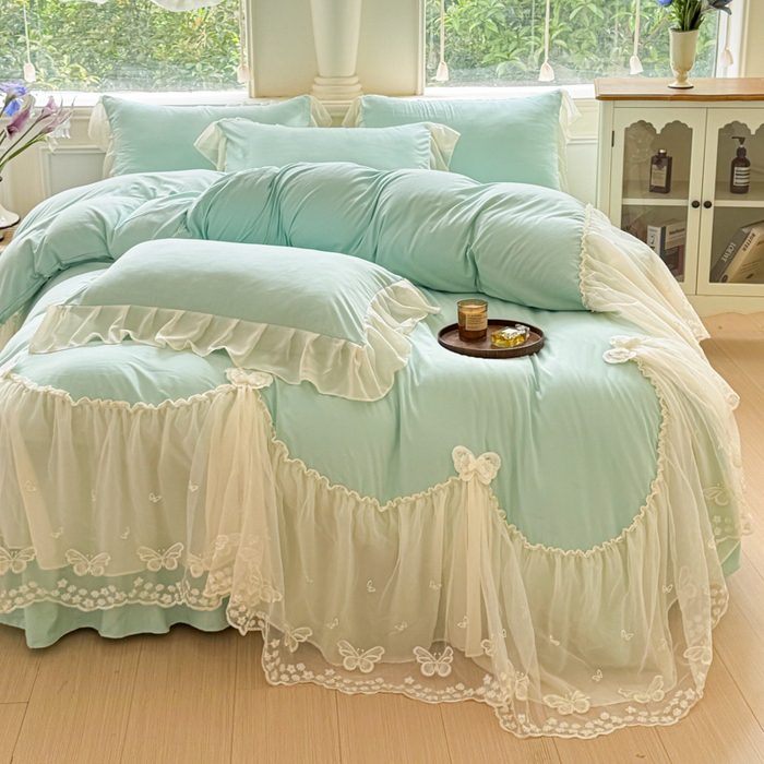 91家纺网 家纺一手货源 找家纺 睡美人 2026新款锦棉糯糯棉韩版蕾丝公主款双层纱被套床裙四件套-翩翩起舞 翩翩起舞-嫩芽绿