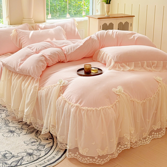 91家纺网 家纺一手货源 找家纺 睡美人 2026新款锦棉糯糯棉韩版蕾丝公主款双层纱被套床裙四件套-翩翩起舞 翩翩起舞-蜜桃粉