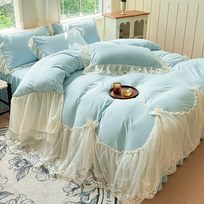 91家纺网 家纺一手货源 找家纺 睡美人 2026新款锦棉糯糯棉韩版蕾丝公主款双层纱被套床裙四件套-翩翩起舞 翩翩起舞-青春兰