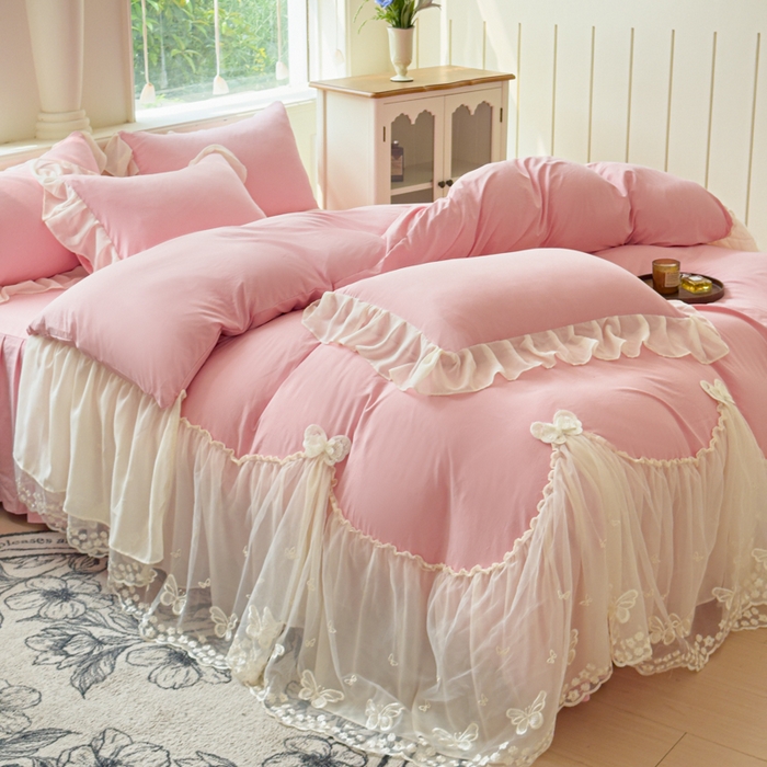 91家纺网 家纺一手货源 找家纺 睡美人 2026新款锦棉糯糯棉韩版蕾丝公主款双层纱被套床裙四件套-翩翩起舞 翩翩起舞-锦豆沙