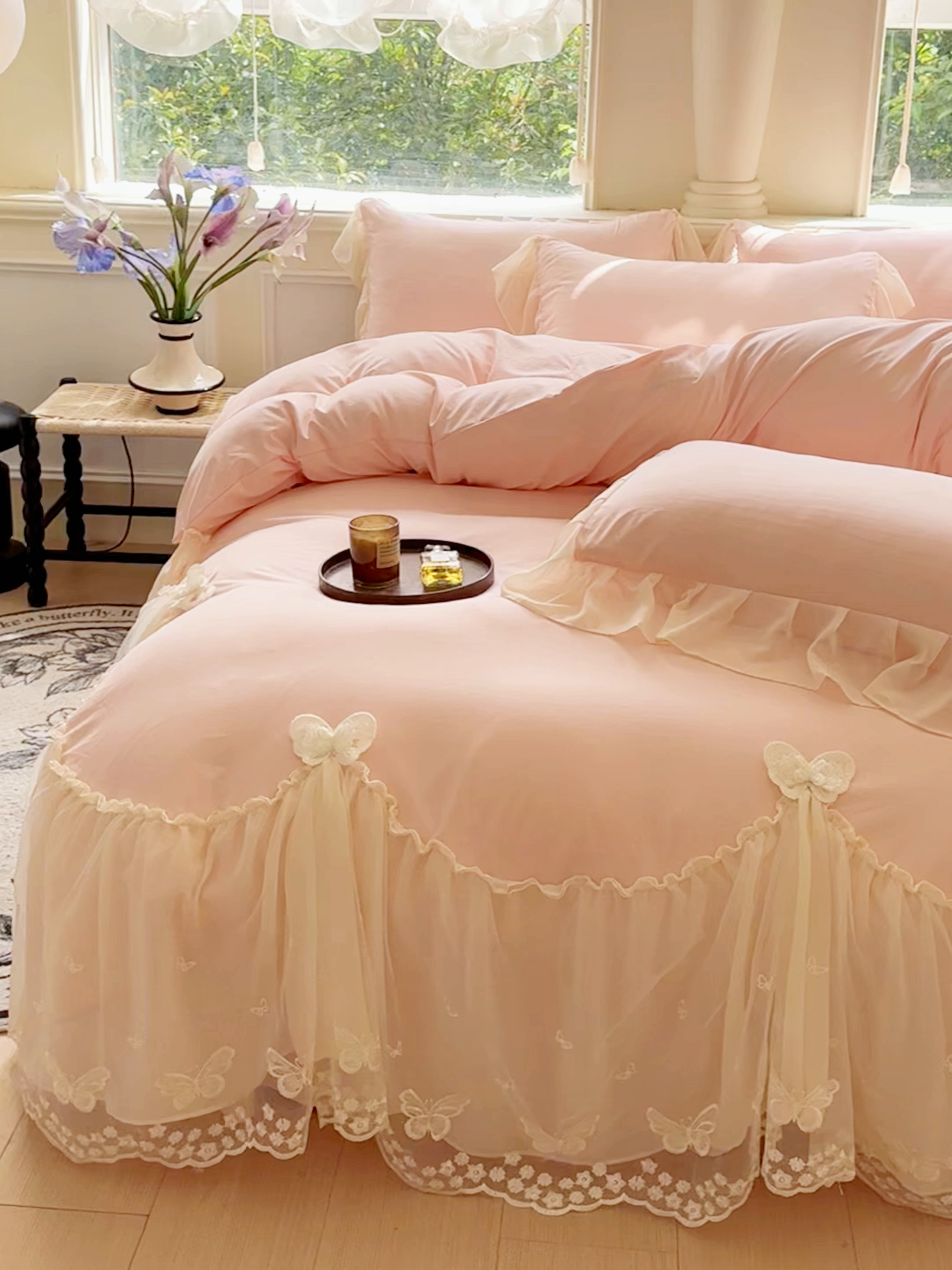 91家纺网 家纺一手货源 找家纺 睡美人 2026新款锦棉糯糯棉韩版蕾丝公主款双层纱被套床裙四件套-翩翩起舞 翩翩起舞-蜜桃粉