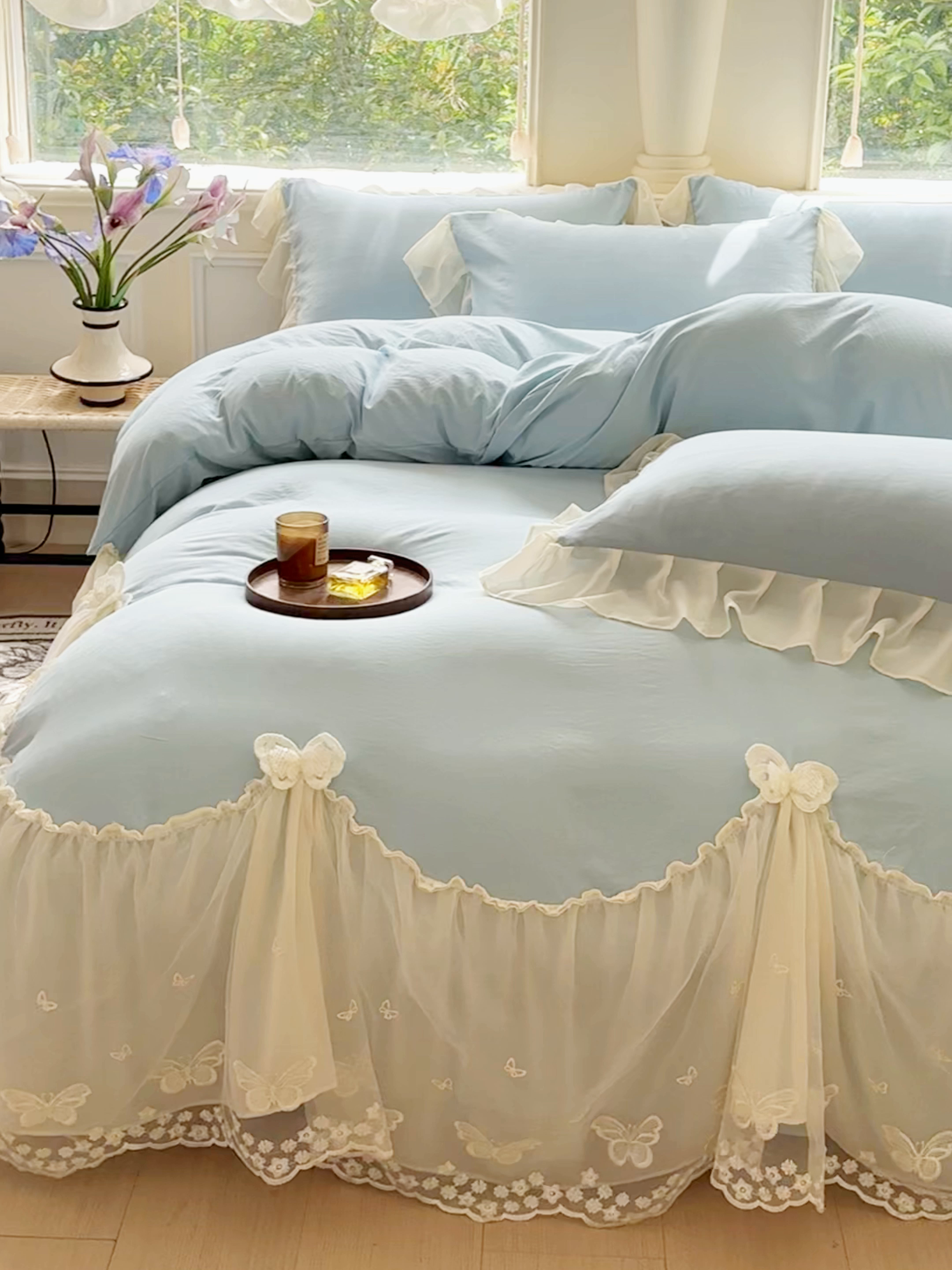 91家纺网 家纺一手货源 找家纺 睡美人 2026新款锦棉糯糯棉韩版蕾丝公主款双层纱被套床裙四件套-翩翩起舞 翩翩起舞-青春兰