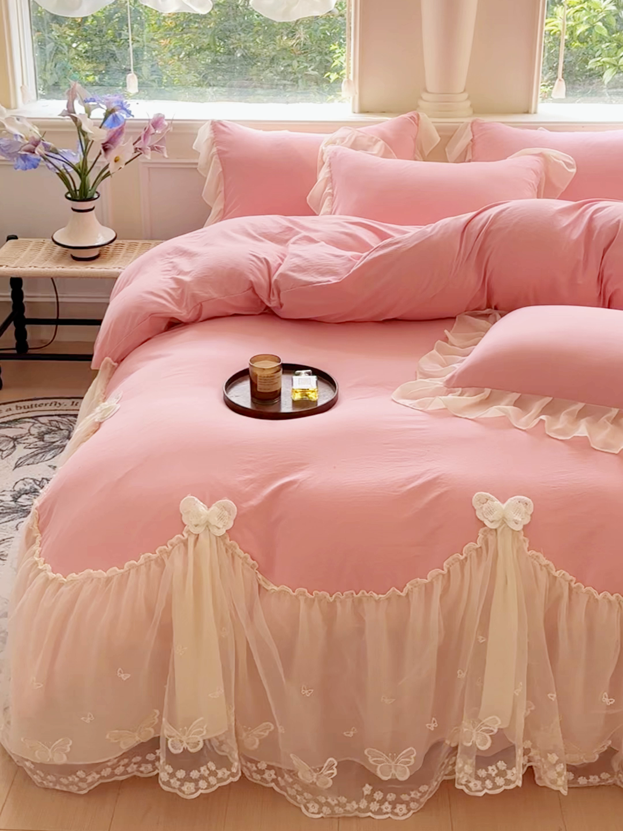 91家纺网 家纺一手货源 找家纺 （总）睡美人 2026新款锦棉糯糯棉韩版蕾丝公主款双层纱被套床裙四件套-翩翩起舞