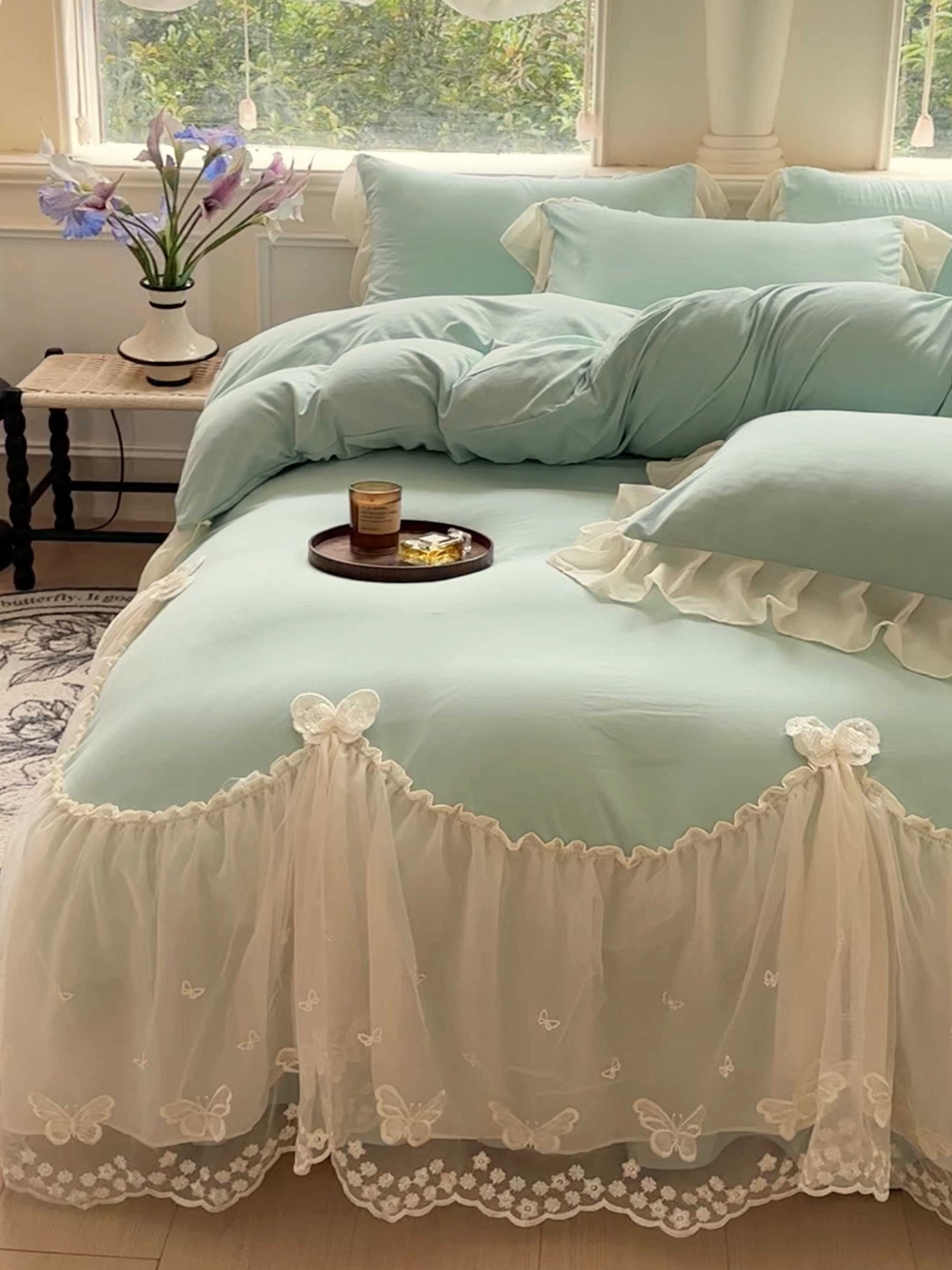 91家纺网 家纺一手货源 找家纺 睡美人 2026新款锦棉糯糯棉韩版蕾丝公主款双层纱被套床裙四件套-翩翩起舞 翩翩起舞-嫩芽绿
