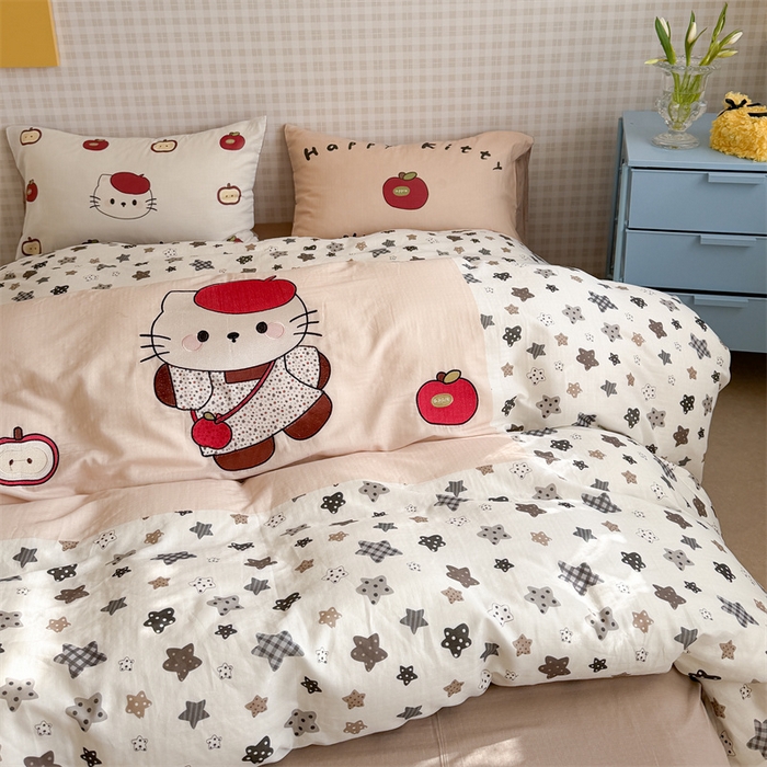 91家纺网 家纺一手货源 找家纺 暖生活 2026新款全棉大版双层纱贴布绣四件套 星星凯蒂