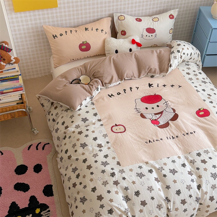 91家纺网 家纺一手货源 找家纺 暖生活 2026新款全棉大版双层纱贴布绣四件套 星星凯蒂