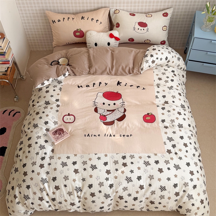 91家纺网 家纺一手货源 找家纺 暖生活 2026新款全棉大版双层纱贴布绣四件套 星星凯蒂