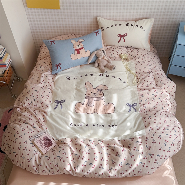 暖生活 2026新款全棉大版双层纱贴布绣四件套 樱桃甜兔