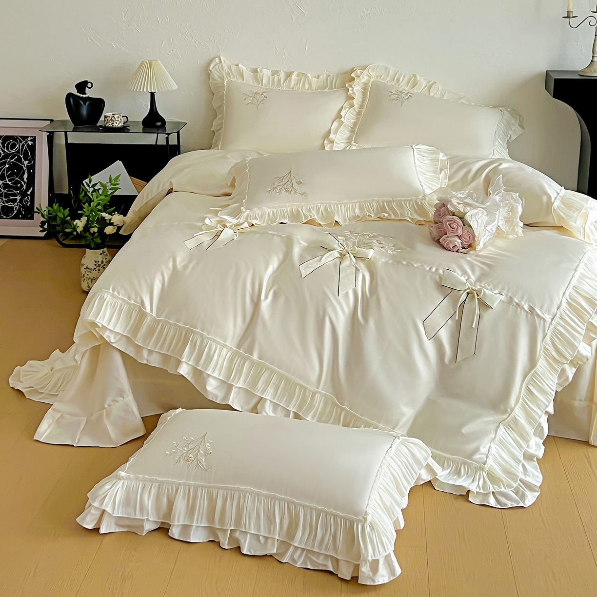 91家纺网 家纺一手货源 找家纺 迪欧芙 2026新款长绒棉刺绣床单款四件套-月影纱 月影纱-米色