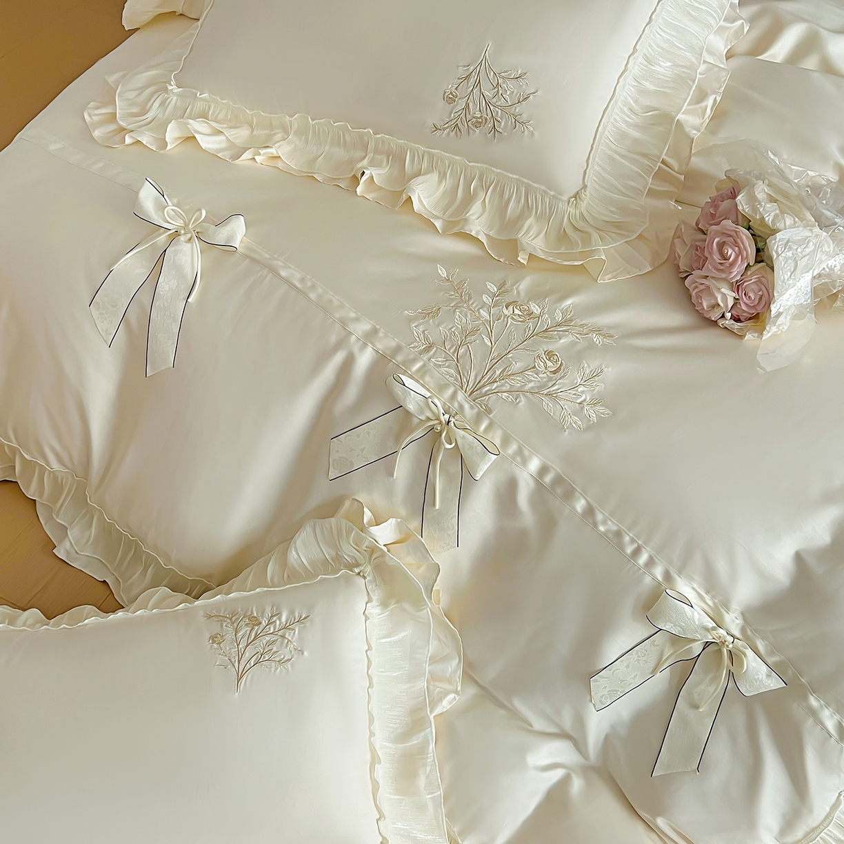 91家纺网 家纺一手货源 找家纺 迪欧芙 2026新款长绒棉刺绣床单款四件套-月影纱 月影纱-米色