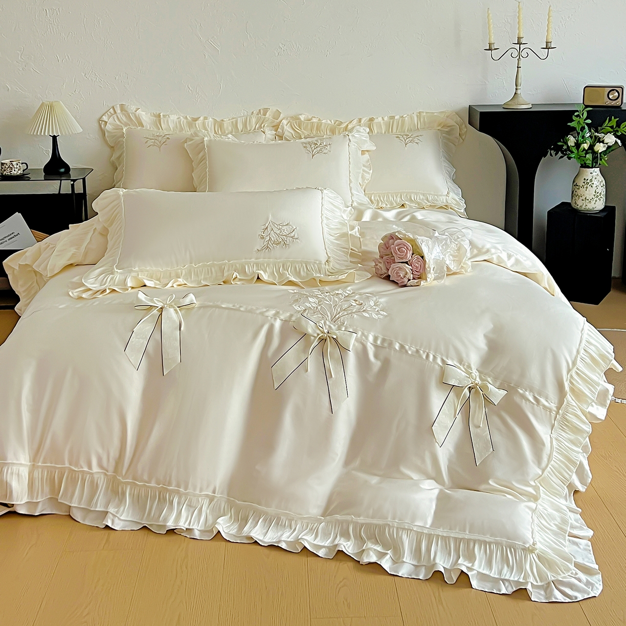 91家纺网 家纺一手货源 找家纺 迪欧芙 2026新款长绒棉刺绣床单款四件套-月影纱 月影纱-米色