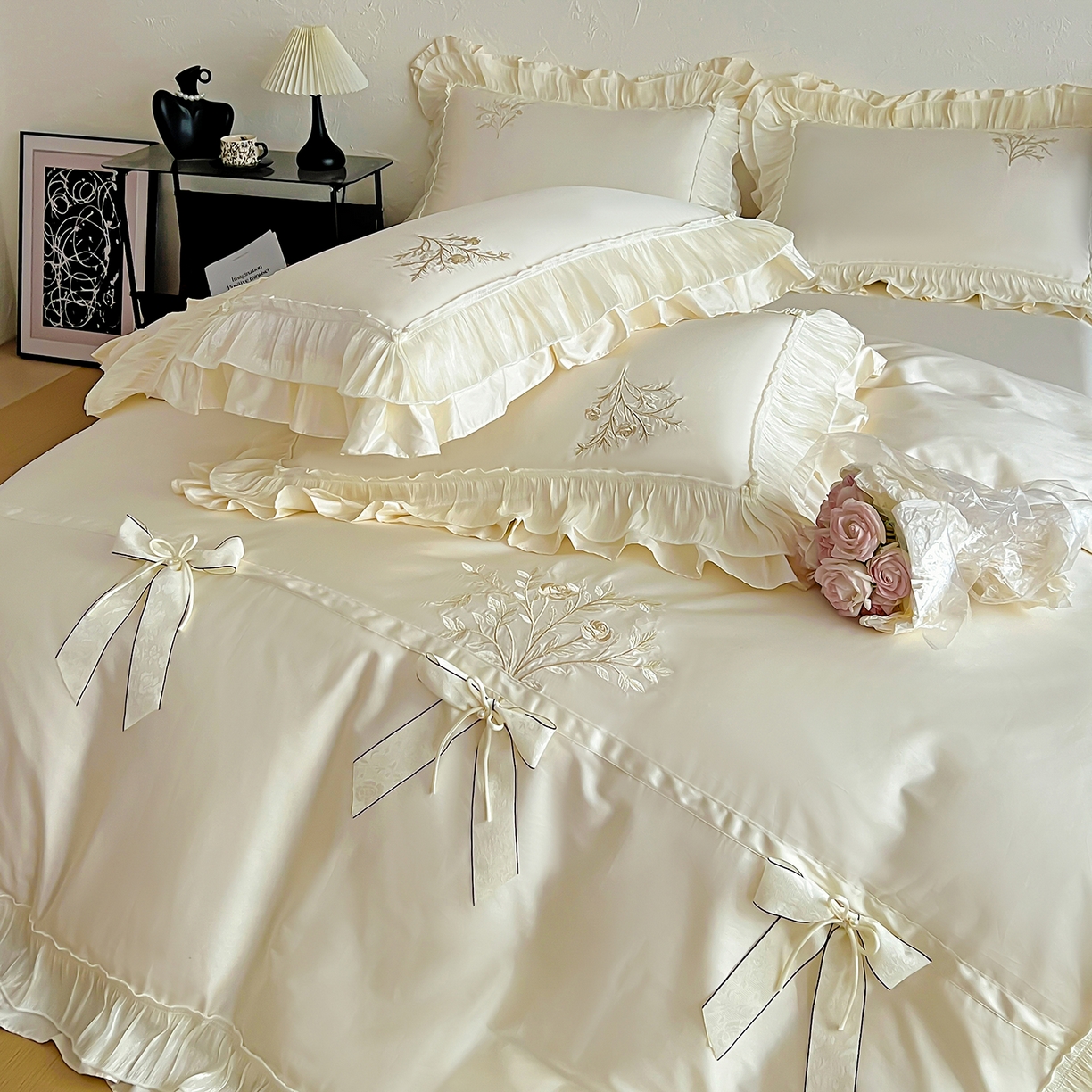 91家纺网 家纺一手货源 找家纺 迪欧芙 2026新款长绒棉刺绣床单款四件套-月影纱 月影纱-米色