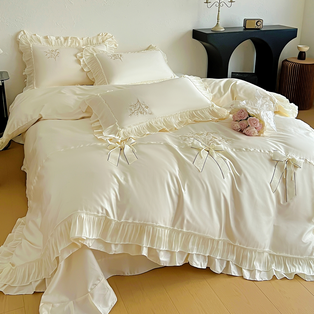 91家纺网 家纺一手货源 找家纺 迪欧芙 2026新款长绒棉刺绣床单款四件套-月影纱 月影纱-米色