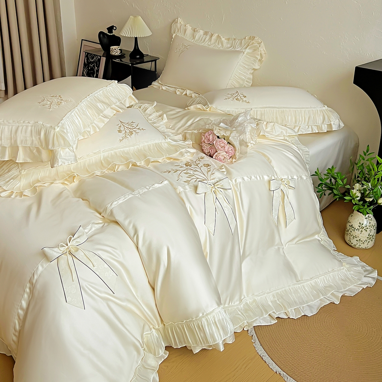 91家纺网 家纺一手货源 找家纺 迪欧芙 2026新款长绒棉刺绣床单款四件套-月影纱 月影纱-米色