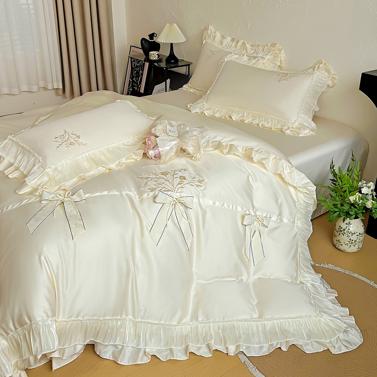 91家纺网 家纺一手货源 找家纺 迪欧芙 2026新款长绒棉刺绣床单款四件套-月影纱 月影纱-米色