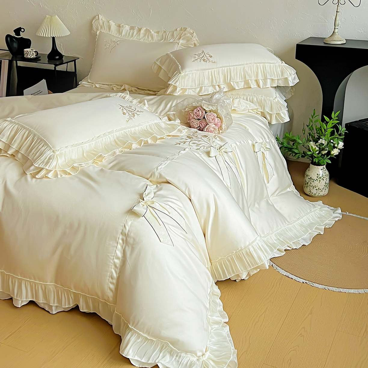 91家纺网 家纺一手货源 找家纺 迪欧芙 2026新款长绒棉刺绣床单款四件套-月影纱 月影纱-米色