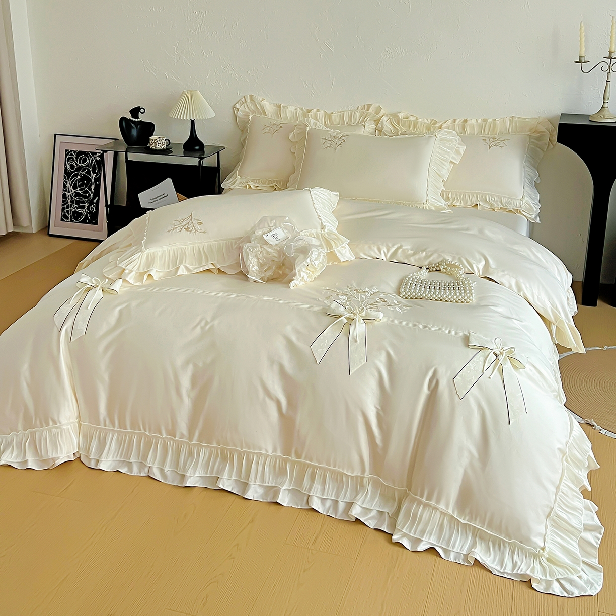 迪欧芙 2026新款长绒棉刺绣床单款四件套-月影纱 月影纱-米色