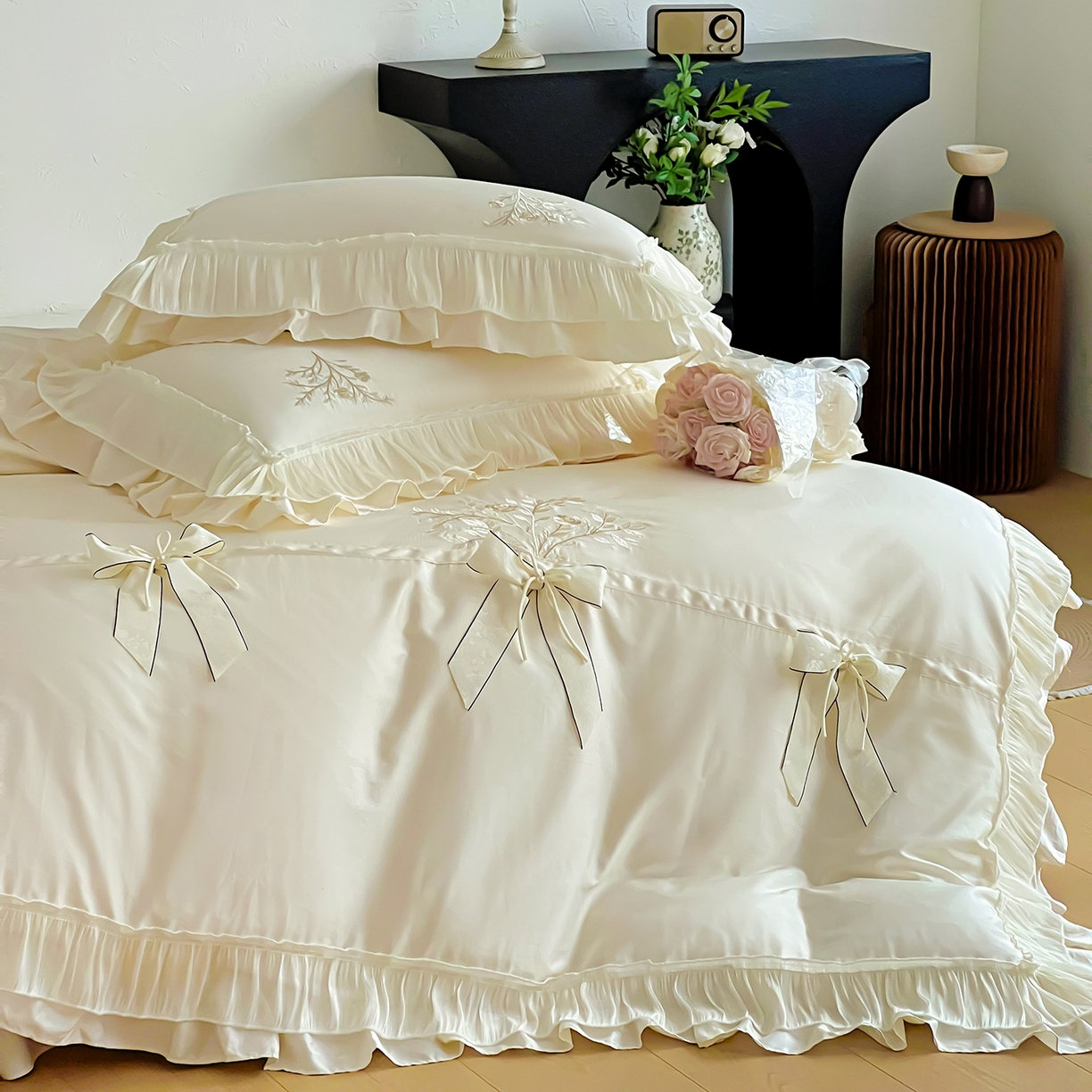 91家纺网 家纺一手货源 找家纺 迪欧芙 2026新款长绒棉刺绣床单款四件套-月影纱 月影纱-米色